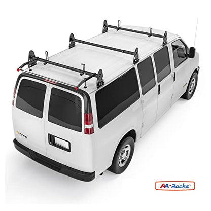 Model RX27 Fullsize Steel Three-Bar Van Ladder Roof Racks with Middle Adjustable Bar and Cargo Roller - Black - color: Black, size: 3 Bars