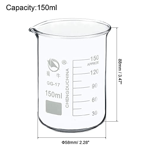 PATIKIL 150ml Low Form Glass Beaker, 3.3 Borosilicate Glass Graduated Printed Scale Measuring Cups with Spout for Kitchen Lab Liquids Transit Boiling - size: 150ml