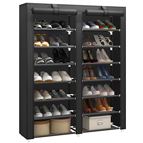 JIUYOTREE 7-Tier Shoe Storage Organizer with Dustproof Cover - Closet Cabinet Shelf Holds up to 28 Pairs - For Doorway, Corridor, Balcony, Living Room - Black - color: Black