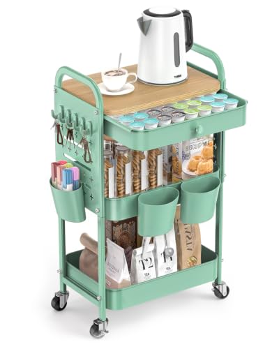 ALVOROG 3 Tier Metal Rolling Cart with Drawer,Wood Top,Pegboards,Green - color: Green
