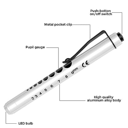RISEMART Pen Lights for Nurses, 2Pack Reusable Medical Pen Light with Pupil Gauge and Ruler, White Light LED Penlight for Nurse Student Doctors EMT (White/Purple) - color: White and Purple