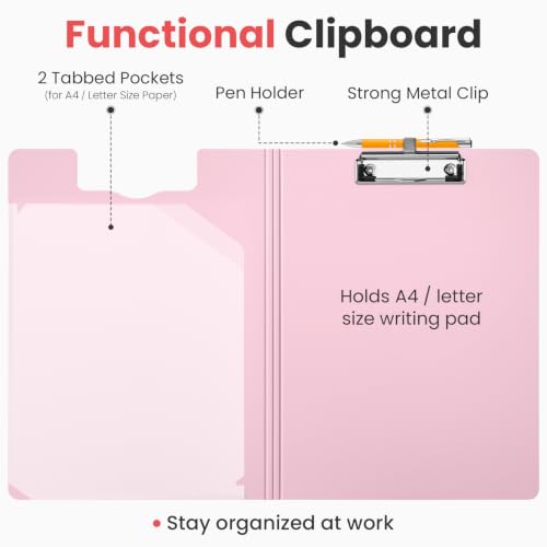 Sooez Foldable Clipboard Folder, A4 Folding Clip Board with Pen Loop - color: Pink
