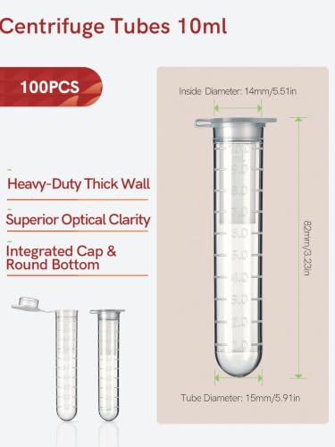 10ml Microcentrifuge Tubes 100PCS with Attached Lid Max.RCF 13000xg for Lab - size: 10ml