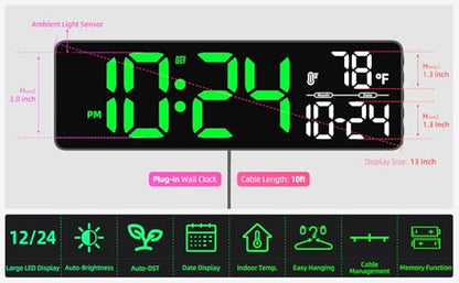 Large LED Digital Wall Clock with Date, Temperature, Auto-Brightness, Auto-DST | Big Digital Clock for Bedroom, Desk, Classroom, Living Room, Kitchen, Office, Gym, Farmhouse, Xmas Gift for Seniors - color: Green