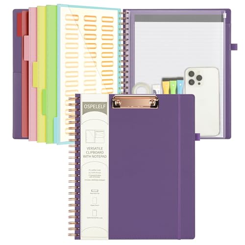 Ospelelf Leather Spiral Clipboard Folder with Storage Zipper Pouch, Foldable Clipboard Folio with Notepad for Letter Size, 5 Folders with 10 Pockets, 39 Divider Label Stickers (Purple) - color: Purple