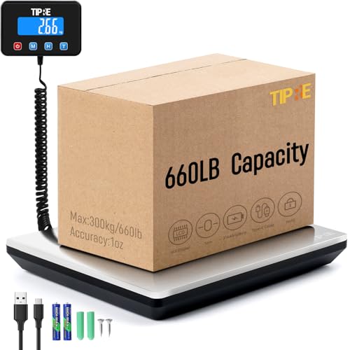 TIPRE Shipping Scale 660lbs for Packages,Heavy Duty Digital Postal Express Scale,1 oz High Accuracy with Charging Cable & Batteries,Extra Large Stainless Steel for Small Business,Warehouse,Home - size: 660lb- Silver Stainless Steel
