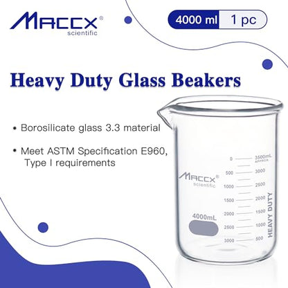 170oz(4000ml) Sturdy Glass Beaker, Heavy-Duty Lab Beaker, 3.3 Borosilicate Low Form with Printed Graduation, HDBK4K0-001 - style: Vol.4000ml