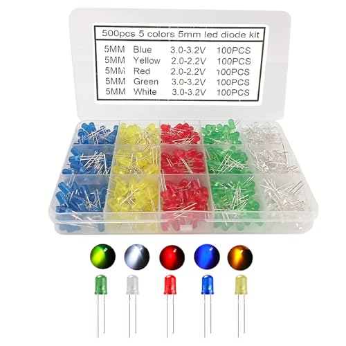 5mm LED Diode Assorted Kit, 500Pcs Box Pack, 5 Colors 100Pcs Each, Round Clear LED Bulbs with Long Pins, for Arduino, STEM Projects, Indicator & Signal Lights, RC Car Light, Low Power Consumption