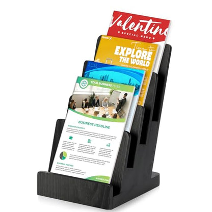 4 Tier Wood Brochure Display Stand 6 x 9 inch Black Brochure Holder Pamphlet Display Stand for 5.5 x 8.5 inch 5 x 7 inch Booklets Menus Postcard Holder Multi Purpose Organizer - color: Black Color Pine