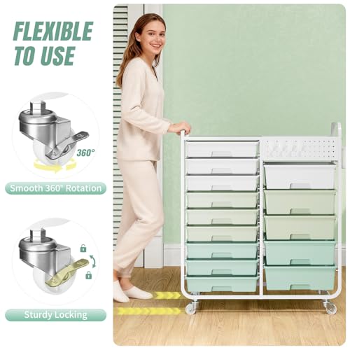 14 Drawer Rolling Storage Cart with Tabletop and Pegboard for Crafts Green - color: Green