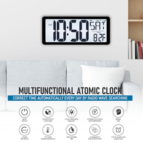 TXL Atomic Clock with Backlight, 14.2" Large Digital Wall Clock Battery Operated, Digital Clock Large Display with Day, Date & Temperature, Large Wall Clock for Bedroom, Livingroom, Office - color: Black Atomic Backlight-14.2in