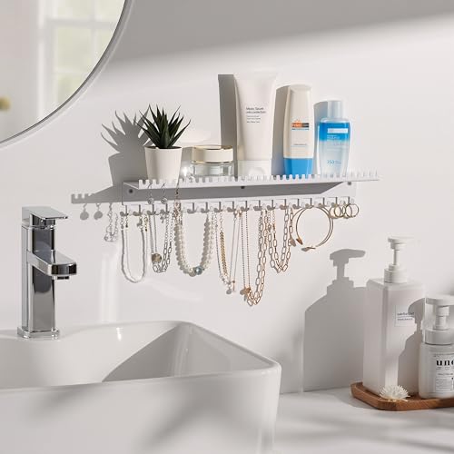 Necklace Holder Wall Hanging Organizer: Wall Mounted Jewelry Shelf with 56 Hooks and Tray, Display Hanger for Kids, Girls and Women, White & Metal - color: white