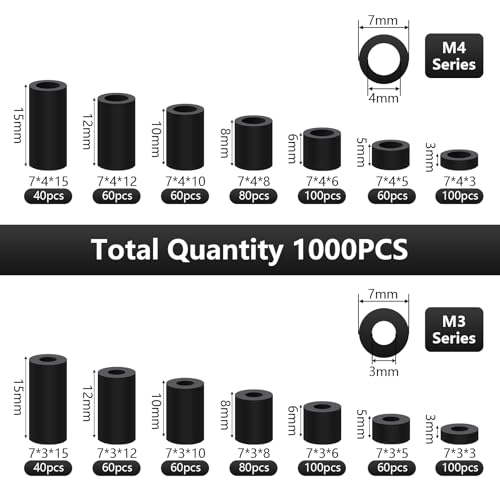 1000 Pcs Electrical Outlet Screw Spacers, M3 M4 Black Round Nylon Spacer 3mm-15mm in Length Unthreaded Standoff Spacer Assortment Kit for Electrical Screws Switch and Receptacle