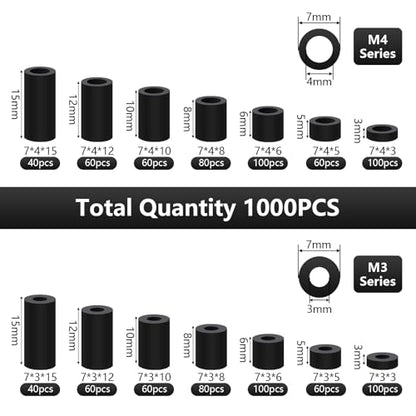1000 Pcs Electrical Outlet Screw Spacers, M3 M4 Black Round Nylon Spacer 3mm-15mm in Length Unthreaded Standoff Spacer Assortment Kit for Electrical Screws Switch and Receptacle