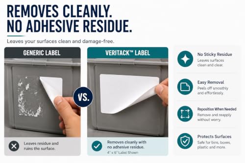 Veritack™ 250, Large Removable Labels for Bins, 4" x 6", Easy to Write, No Residue, for Storage Containers, Garage, Pantry, Closet & Home Organization, Moisture Resistant, Freezer & Refrigerator Safe