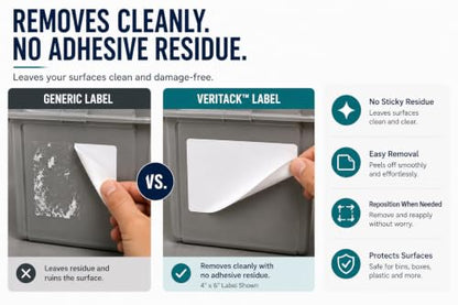 Veritack™ 250, Large Removable Labels for Bins, 4" x 6", Easy to Write, No Residue, for Storage Containers, Garage, Pantry, Closet & Home Organization, Moisture Resistant, Freezer & Refrigerator Safe