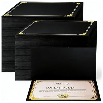 150 Pcs Certificate Holders Bulk, Black Diploma Covers with Gold Foil Border for Letter Size 8.5x11, Single Sided Award Certificate Cover, Premium Cardstock Document Organizer