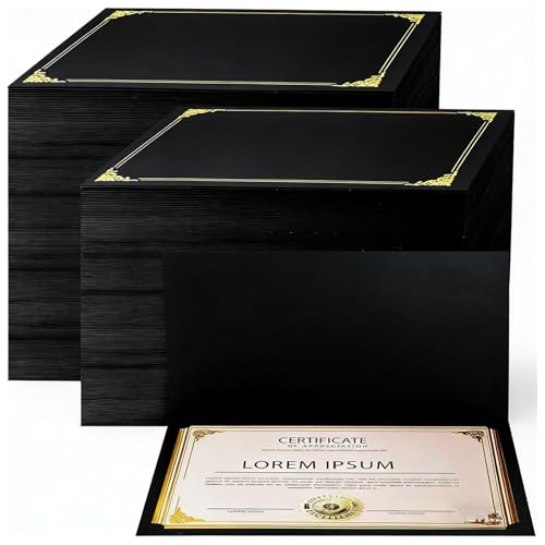 150 Pcs Certificate Holders Bulk, Black Diploma Covers with Gold Foil Border for Letter Size 8.5x11, Single Sided Award Certificate Cover, Premium Cardstock Document Organizer
