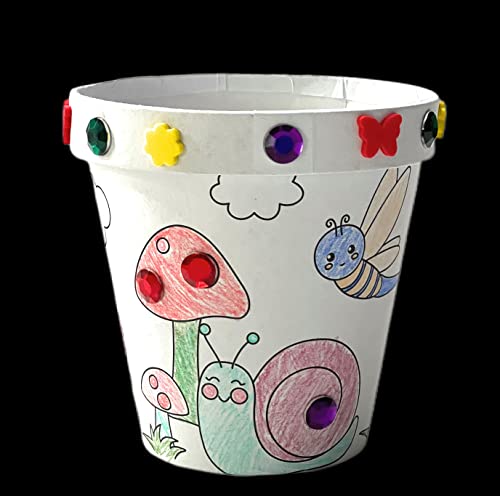 Funiverse Bulk 12 Pack DIY Cardstock Flower Pot Craft Kits for Kids - Spring Easter Classroom Projects, Party Favors with Foam Bugs, Butterflies & Acrylic Gems
