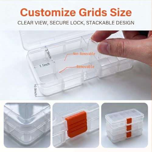 10 Grids Bead Organizer with Adjustable Dividers, 1.10"x1.29" Each Grid, Plus 3 Mini Storage Box for Jewelry, Fishing Hooks, Art Craft, Office Supplies - color: Clear-S