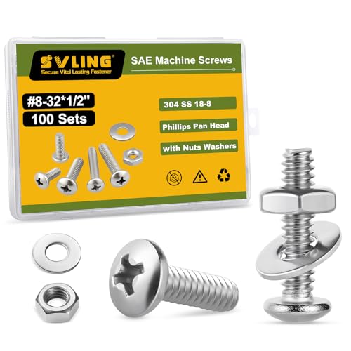 #8-32 x 1/2" Pan Head Machine Screws Nut Bolt Washer Assortment Kit,(100 Sets) 304 Stainless Steel 18-8 Phillips Drive Full Thread Assorted - size: #8-32 x 1/2"