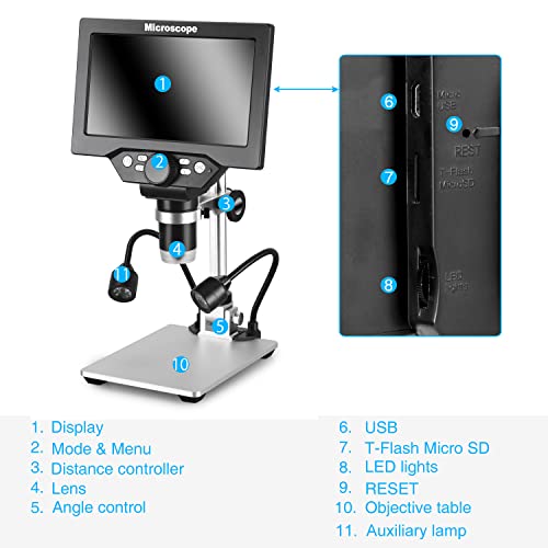 Koolertron 7" 12MP Digital Microscope, 1200X Magnification, 1080P USB Camera, 32GB TF Card, PC View, Rechargeable, LED Lights for Coin/PCB/Jewelry/Plant/Rock Inspection - size: 7 inch (32GB TF Card and 2 Fill Lights)