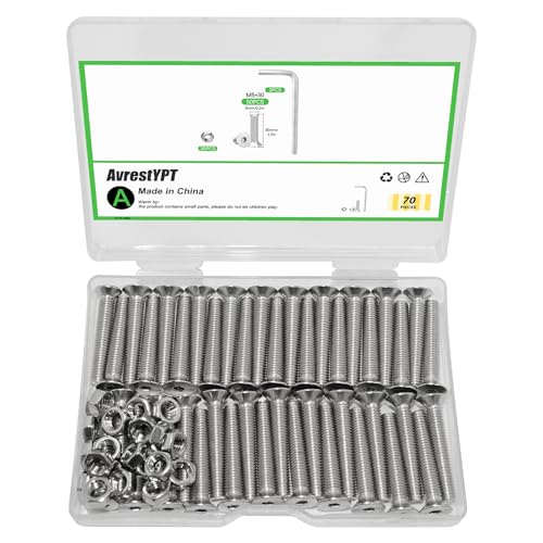 70Pcs M5x30mm Stainless Steel Flat Head Socket Cap Screws, Full Thread Allen Drive Countersunk Bolts, Bright Finish, Ideal for DIY & Home Repair - size: M5x30
