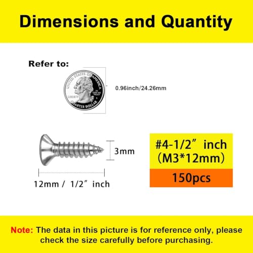 #4 Flat Head Phillips Wood Screws 150Pcs, 304 Stainless Steel, 1/2" - color: Sliver, size: #4 x 1/2''-150pcs