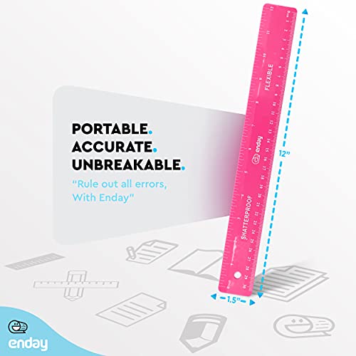 Flexible Ruler Pink, 12 in (30 cm) Soft Plastic Shatter Resistant Straight Edge Ruler, Bendable Kids & Adults Ruler w/Inches & Metrics Also Available in Blue, Purple, Red, Grey, Green, 1 Pc –By Enday - color: Pink
