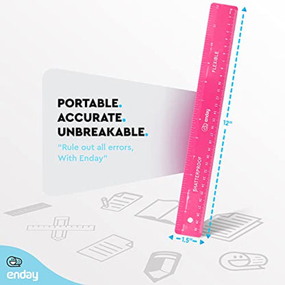Flexible Ruler Pink, 12 in (30 cm) Soft Plastic Shatter Resistant Straight Edge Ruler, Bendable Kids & Adults Ruler w/Inches & Metrics Also Available in Blue, Purple, Red, Grey, Green, 1 Pc –By Enday - color: Pink