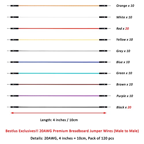 Breadboard Jumper Wires 20AWG, Bestlus Exclusives 10CM Male to Male Jumper Cable Wires M/M 4'' 10 Colors Pack of 120 Square Head 0.1'' (4'', M/M) - color: Male-Male, 10CM, size: 10CM / 4''