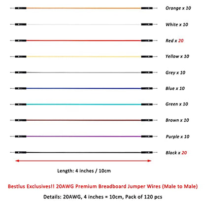 Breadboard Jumper Wires 20AWG, Bestlus Exclusives 10CM Male to Male Jumper Cable Wires M/M 4'' 10 Colors Pack of 120 Square Head 0.1'' (4'', M/M) - color: Male-Male, 10CM, size: 10CM / 4''