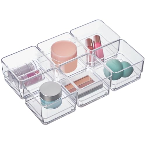 STORi SimpleSort 6-Piece Stackable Clear Drawer Organizer Set | 3" x 3" x 2" Square Trays | Small Makeup Vanity Storage Bins and Office Desk Drawer Dividers | Made in USA - size: 3x3x2" (Set of 6)