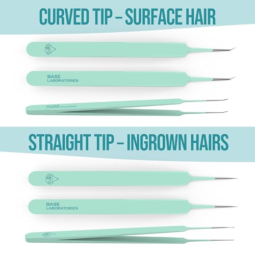 Base Labs Ingrown Hair Tweezers Set – 2 Pack Precision Tweezers for Ingrown Hair Removal, Curved & Pointed Tip Stainless Steel Tweezers with Protective Case for Razor Bumps, Splinters & Facial Hair - size: 2 Count (Pack of 1)