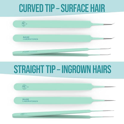 Base Labs Ingrown Hair Tweezers Set – 2 Pack Precision Tweezers for Ingrown Hair Removal, Curved & Pointed Tip Stainless Steel Tweezers with Protective Case for Razor Bumps, Splinters & Facial Hair - size: 2 Count (Pack of 1)