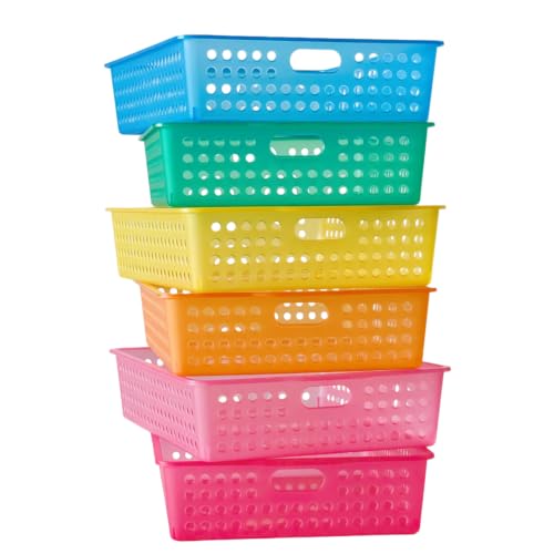 6 Pack Plastic Turn in Paper Trays for Classroom, Storage Bin Baskets - color: Translucent Rainbow