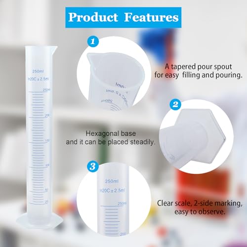 250ml Plastic Measuring Graduated Cylinder, Polypropylene Plastic, 2-Sided Marking, Ideal for Science, School and Home Lab, HUAOU, Pack of 1 - size: 250ml