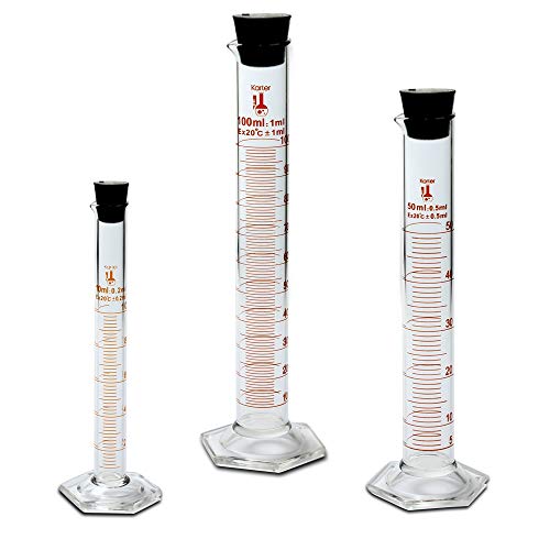 Glass Graduated Cylinder Set with Rubber Stoppers, Borosilicate Glass, Single Metric Scale, 3 Sizes - 10, 50 & 100ml, Karter Scientific 213C3