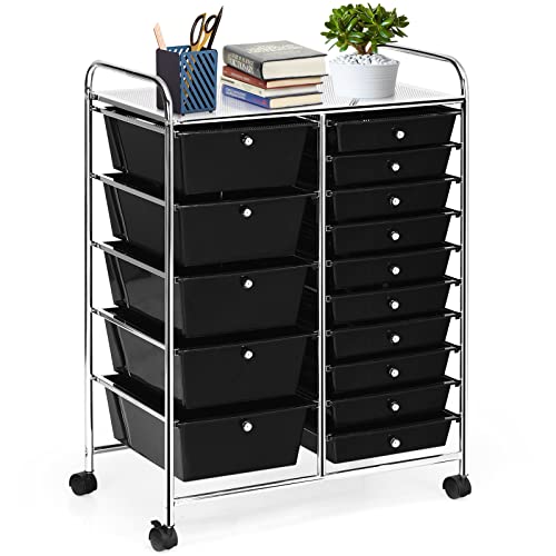 COSTWAY 15 Drawer Rolling Storage Cart, Mobile Storage Organizer - color: Black, size: 15 Drawer