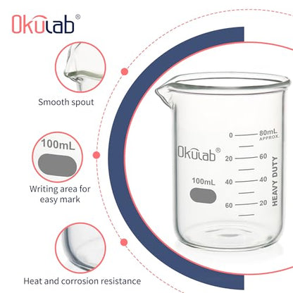 Beaker, Glass Beaker Set, Low Form 100ml Beakers, Graduated 3.3 Borosilicate Glass Beakers for Lab, Classroom, Craft, Kitchen, 24pcs, BKLG100A24 - style: Vol.100ml, Case of 24