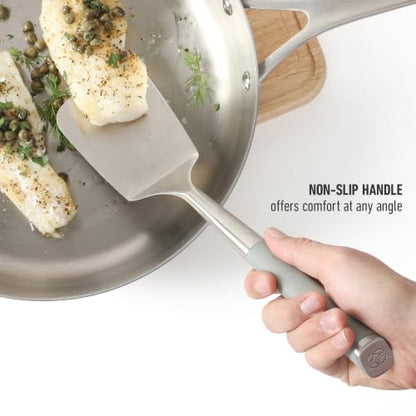 Calphalon Edge Solid Turner, Cooking Spatula, Kitchen Spatula, Stainless Steel Turner with Silicone Heat Resistance Handle, Nonstick-Safe Spatula with Ergonomic Handle (Taupe) - color: Taupe I, size: Turner