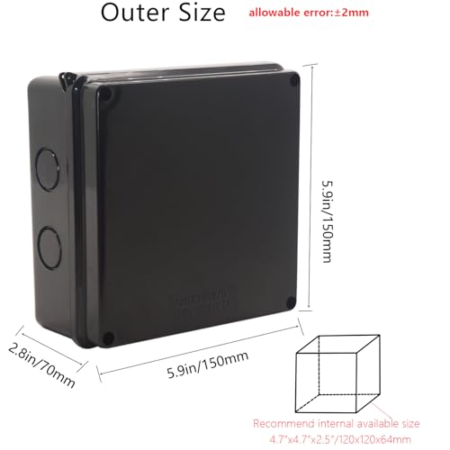 Outdoor Waterproof Box,Junction Box Reserved Holes IP65 ABS Plastic Electrical Boxes Power Cord Enclosure Project Box Black Outer Size 5.9 x 5.9 x 2.8 inch(150x150x70mm) - size: 5.9" x 5.9" x 2.8"