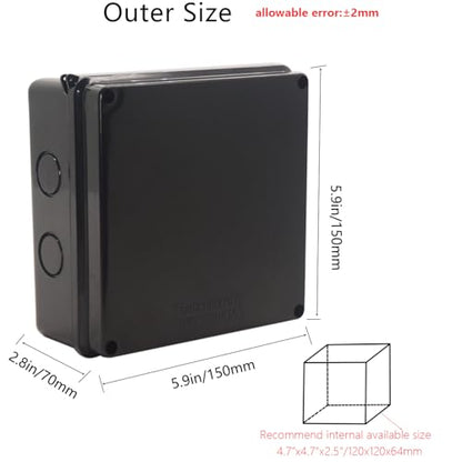 Outdoor Waterproof Box,Junction Box Reserved Holes IP65 ABS Plastic Electrical Boxes Power Cord Enclosure Project Box Black Outer Size 5.9 x 5.9 x 2.8 inch(150x150x70mm) - size: 5.9" x 5.9" x 2.8"