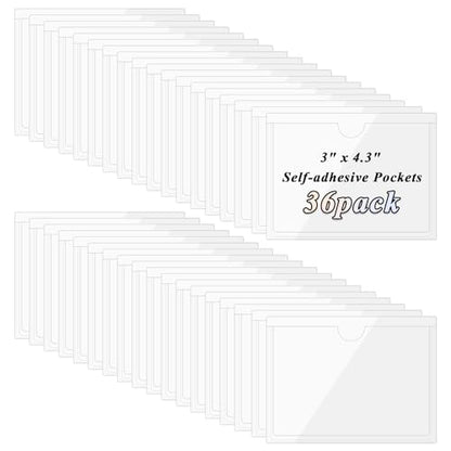 Antner 36 Pack 3.5" x 4.7" Self-Adhesive Label Holders Index Card Pockets for 3" x 4.3" Card, Clear Plastic Adhesive Pockets Top Open for Loading for Organizing, Storage Bins, Library, Totes, Shelves - size: 3" x 4.3" - 36PCS