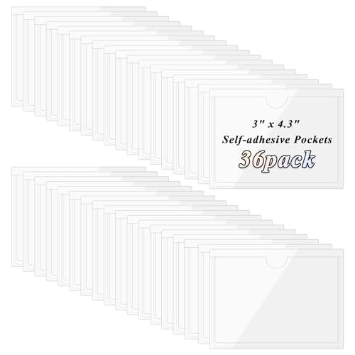 Antner 36 Pack 3.5" x 4.7" Self-Adhesive Label Holders Index Card Pockets for 3" x 4.3" Card, Clear Plastic Adhesive Pockets Top Open for Loading for Organizing, Storage Bins, Library, Totes, Shelves - size: 3" x 4.3" - 36PCS