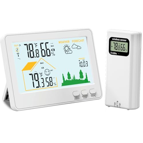 Indoor Outdoor Thermometer Hygrometer Wireless Weather Station with 30m-100m Range Remote Sensor, Weather Forecast, Air Pressure, Comfort Display, Backlight Use for Home, School, Greenhouse
