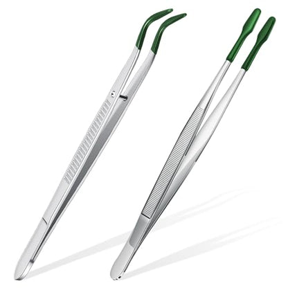 Honoson 2pcs Tweezers with Rubber Tips Set Bent and Straight, Silver, Green - color: Silver, Green