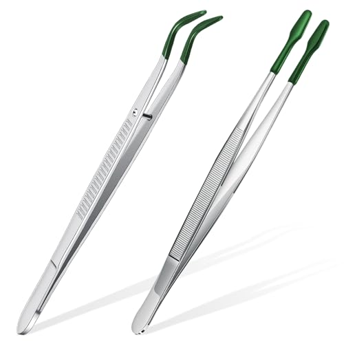 Honoson 2pcs Tweezers with Rubber Tips Set Bent and Straight, Silver, Green - color: Silver, Green
