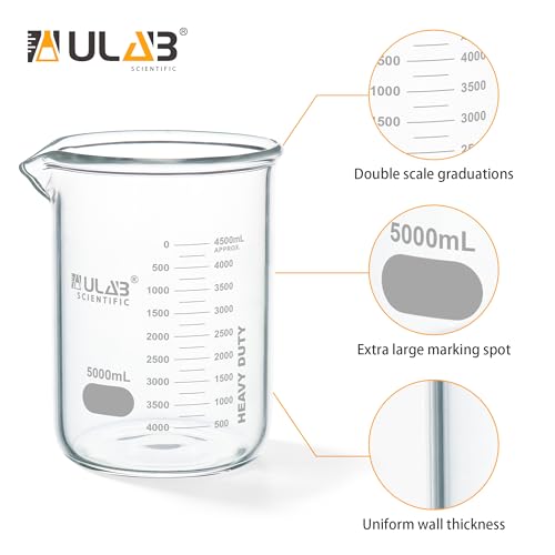 ULAB Low Form Glass Beaker, Vol.5000ml, 3.3 Borosilicate Glass, Printed Graduation, UBG1024 - style: Vol.5000ml, Pack of 1