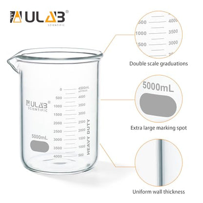ULAB Low Form Glass Beaker, Vol.5000ml, 3.3 Borosilicate Glass, Printed Graduation, UBG1024 - style: Vol.5000ml, Pack of 1
